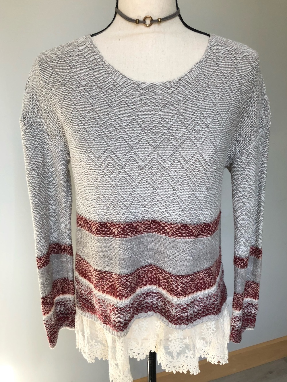 Rewind Grey Burgundy Sweater With Cream Crochet Lace Trim